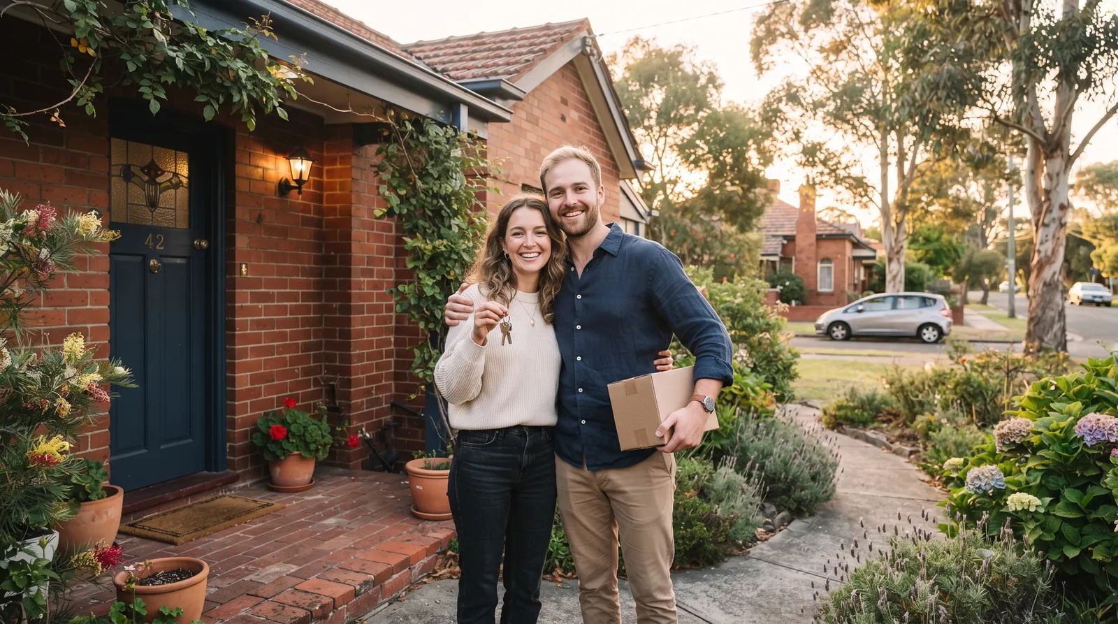 A young couple holding keys at the front door of their first home on a quiet suburban street