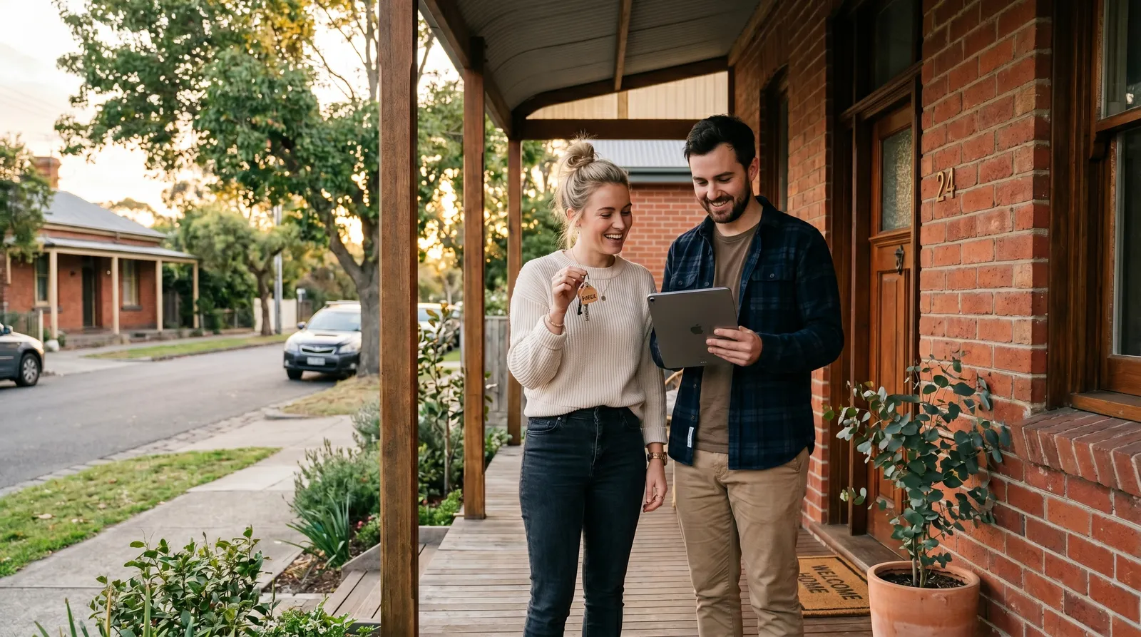 Young couple researching Melbourne suburbs using the first home buyer scheme in 2026