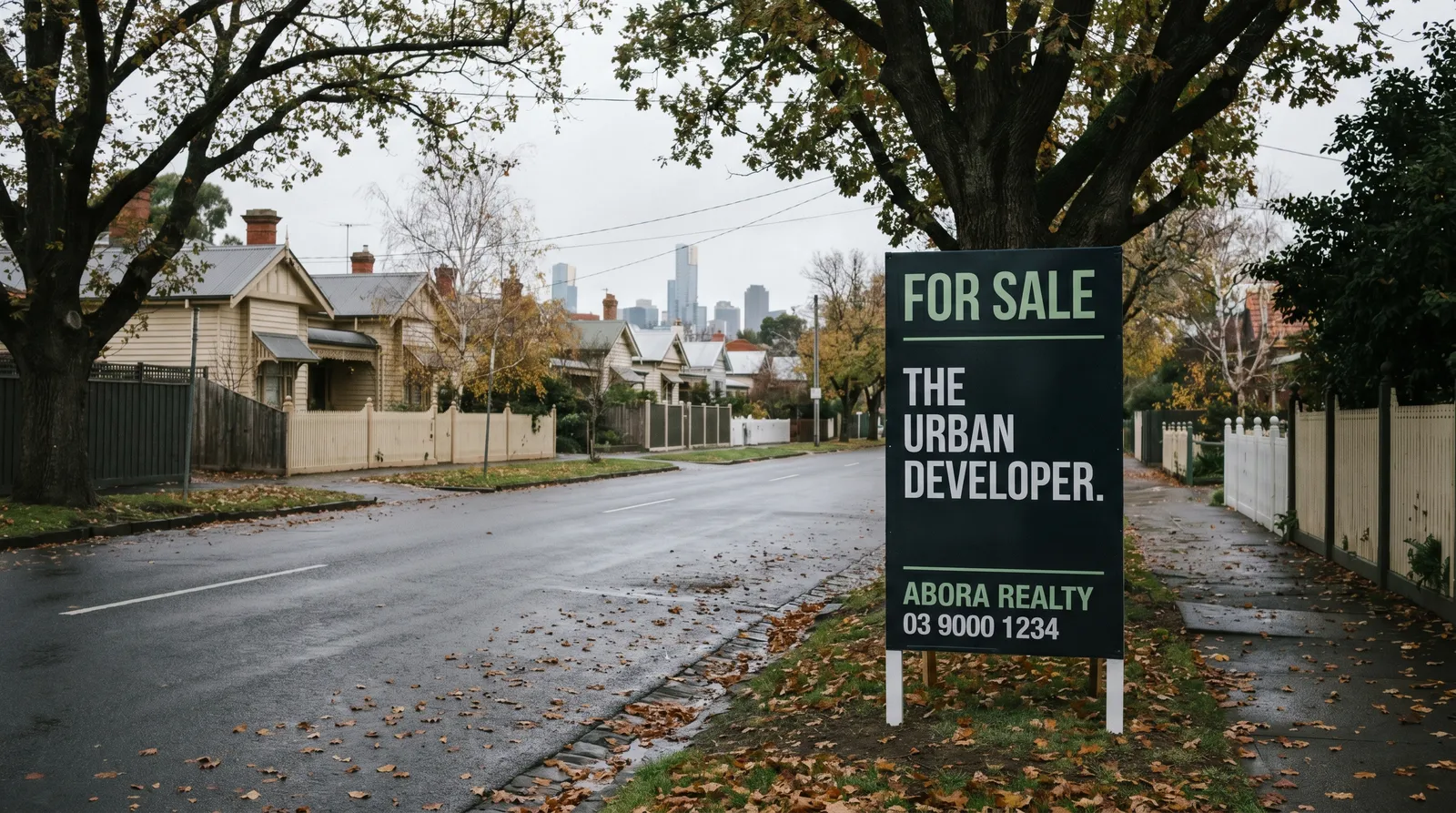 For Sale sign on a quiet Melbourne outer suburban street under an overcast sky, city skyline faintly visible on the horizon