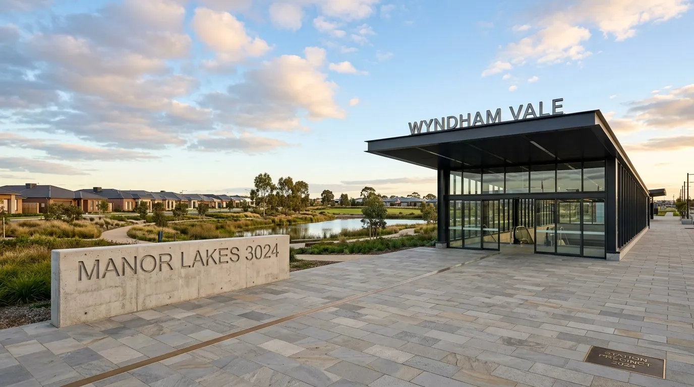 Giant hillside letters spelling Wyndham Vale beside a railway station, with a map pin and a road sign reading Manor Lakes in the foreground