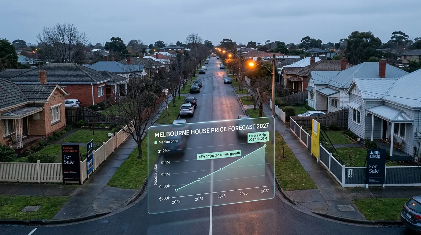 A quiet Melbourne street at dusk with three For Sale boards outside brick and weatherboard houses