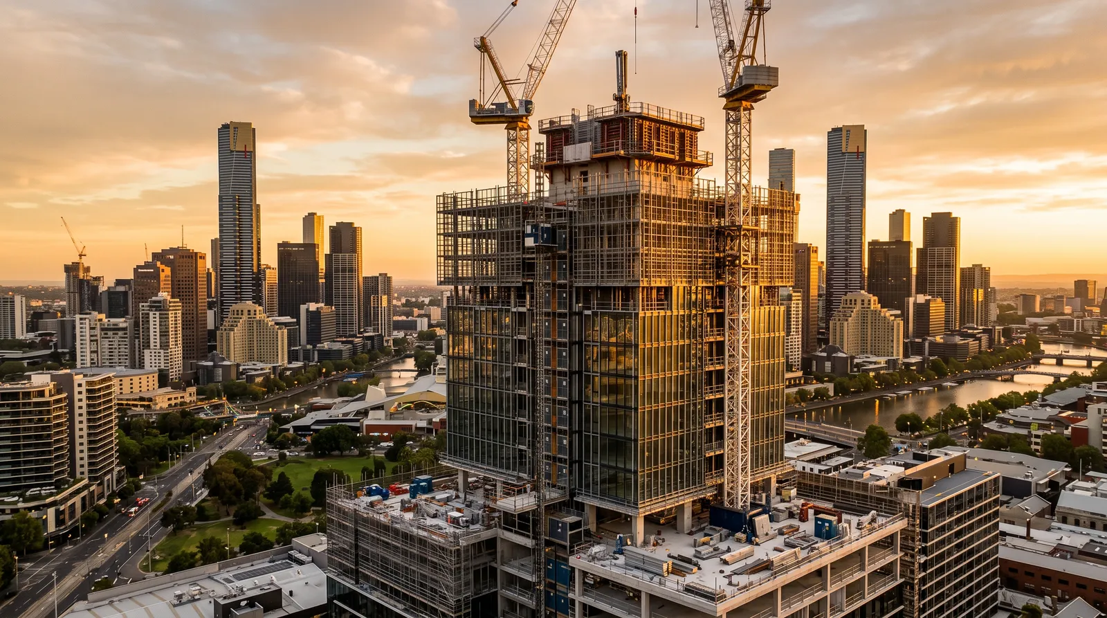 New apartment tower under construction against Melbourne's CBD skyline at golden hour