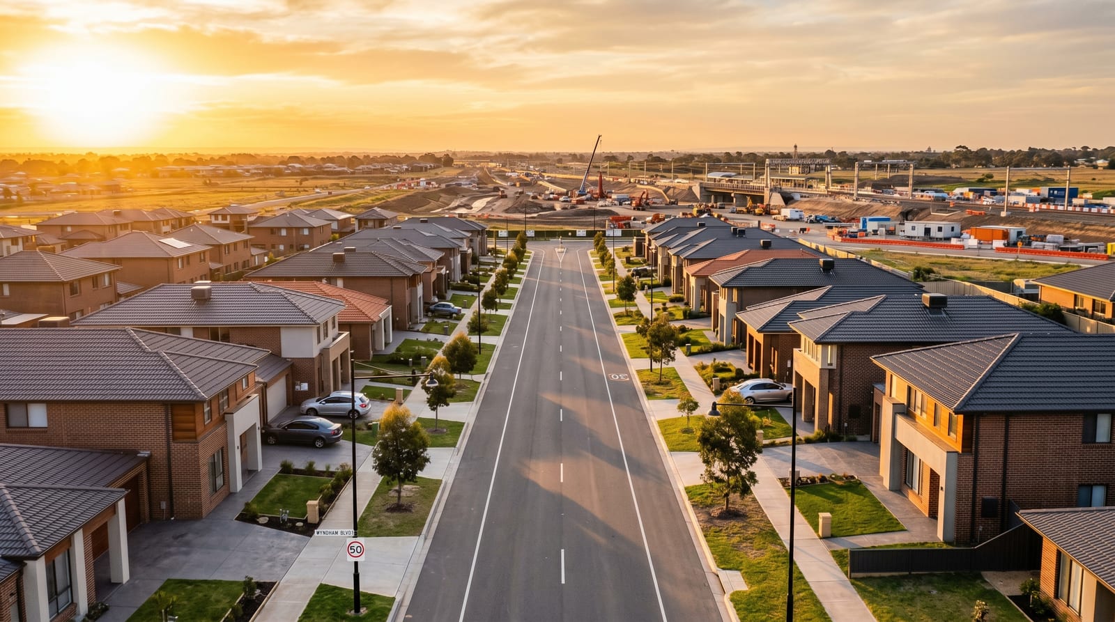 Wide new-estate street in Melbourne's western growth corridor showing rows of newly completed detached houses with a rail infrastructure project on the horizon