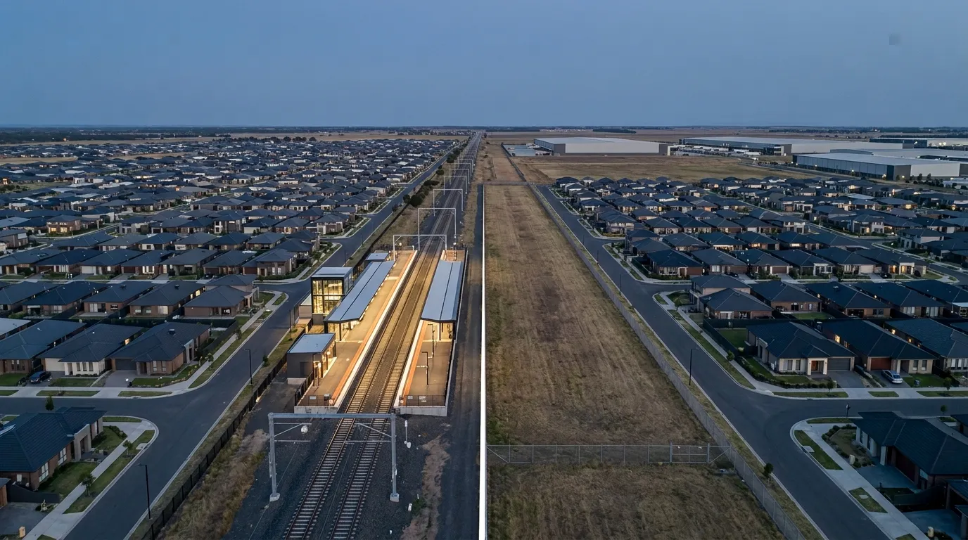 Symmetrical pastel illustration of two identical houses, one reached by a toy train and one where the track ends at a station coming soon sign