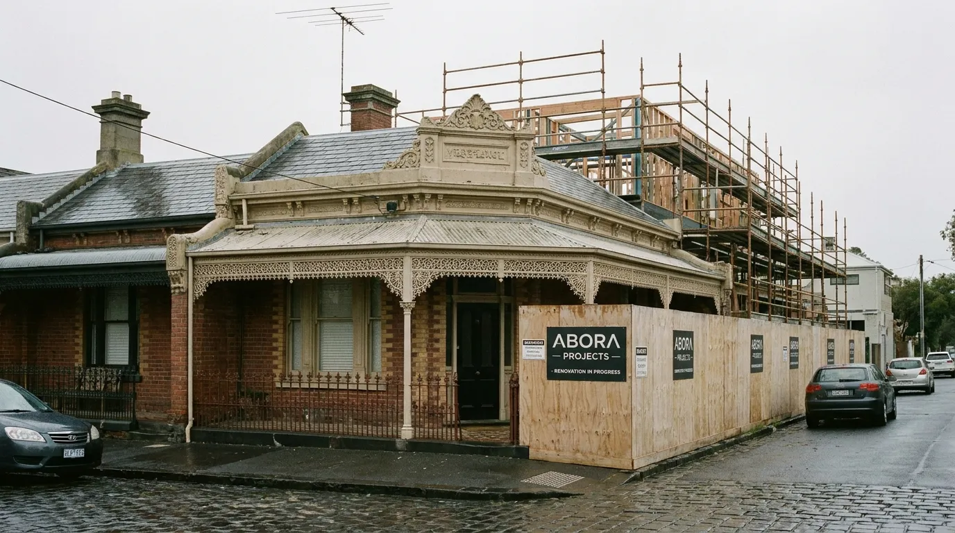 A single-fronted Melbourne terrace with its original street facade retained while new construction rises behind the roofline